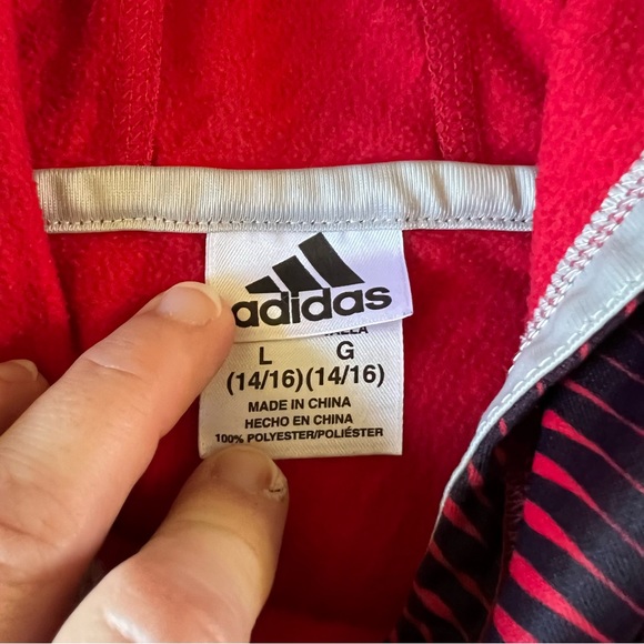 Adidas Large 14/16 Red Black Striped Wavy Logo Sweatshirt Hoodie - Picture 7 of 7